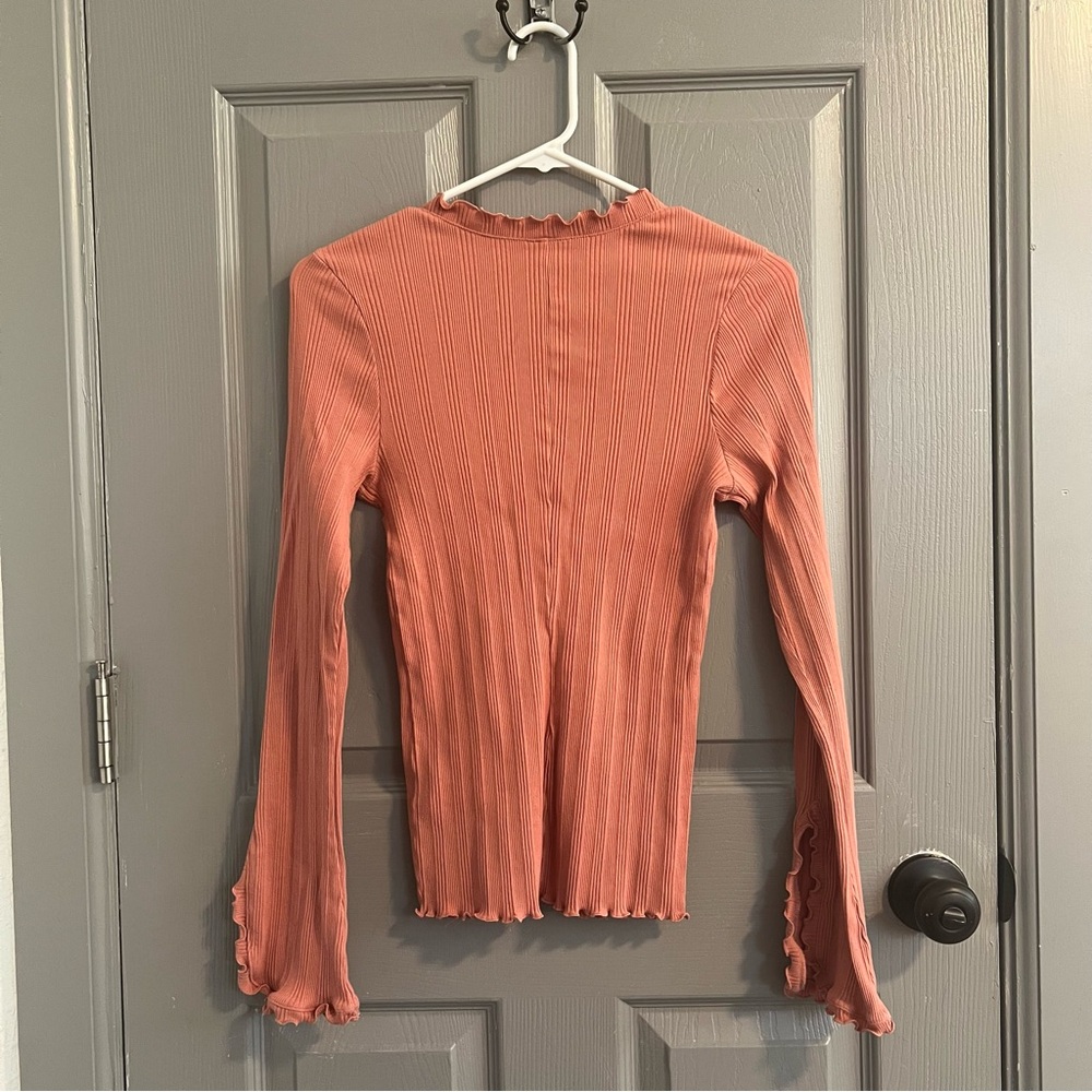 Intimately Free People Fall For You Ruffled Tie Front Ribbed Blouse Coral - Picture 9 of 9